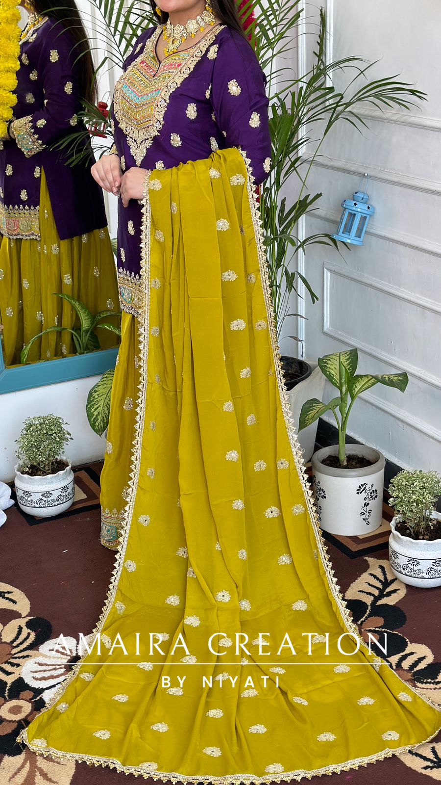 Mustard Yellow Garara Set Contrasted with Purple Top