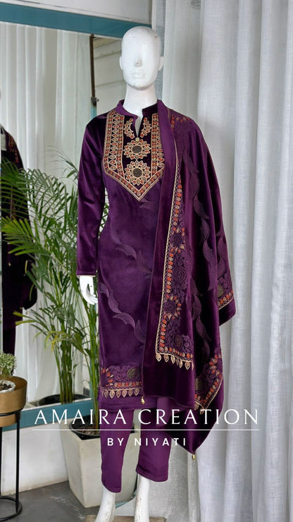 Stretchable Velvet Suit With Embroidered Dupatta