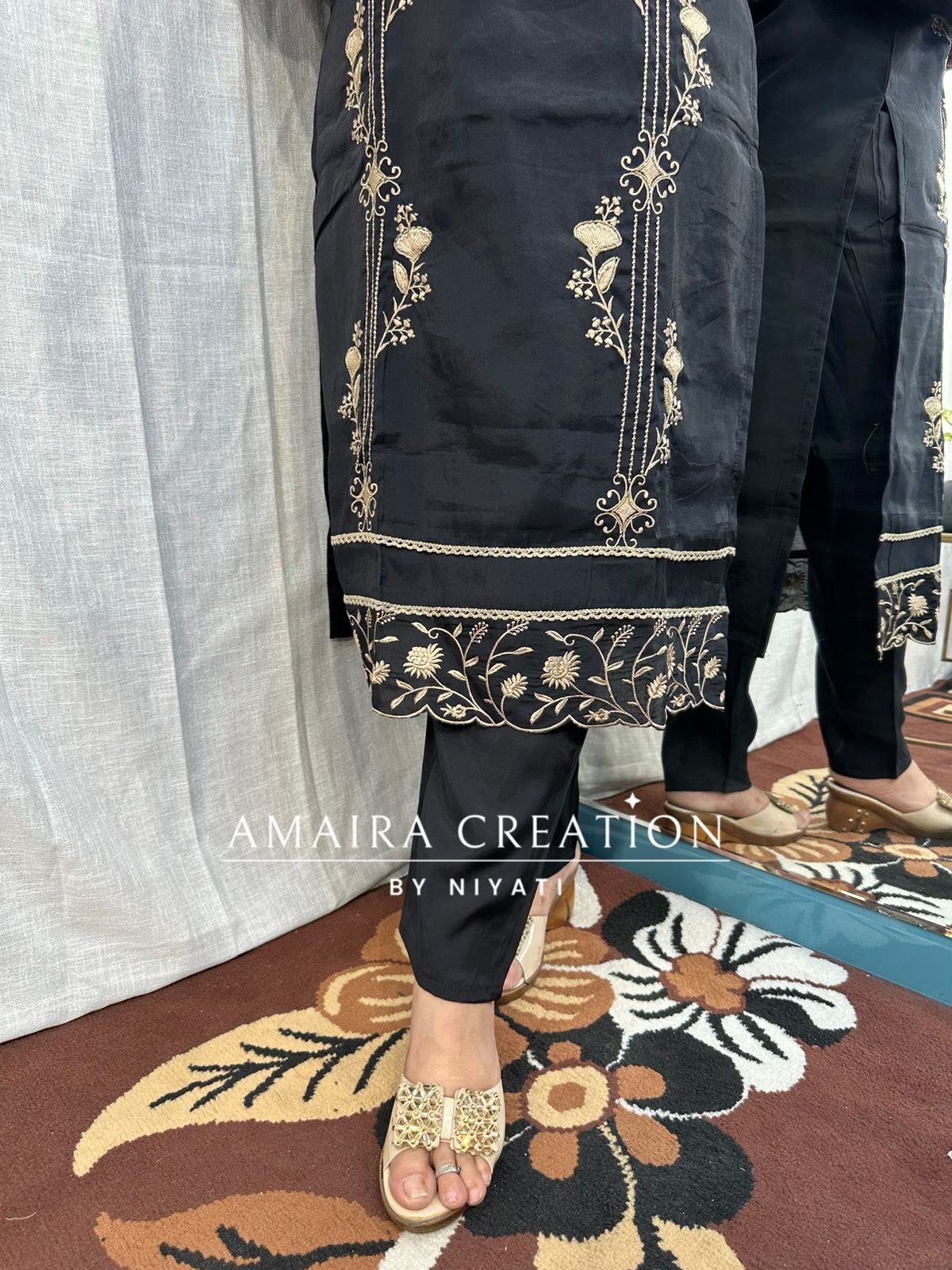 Cotton Silk Suit With Golden Thread Embroidery