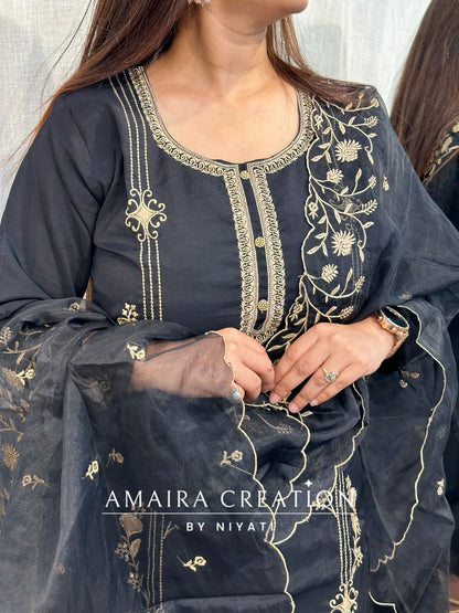 Cotton Silk Suit With Golden Thread Embroidery