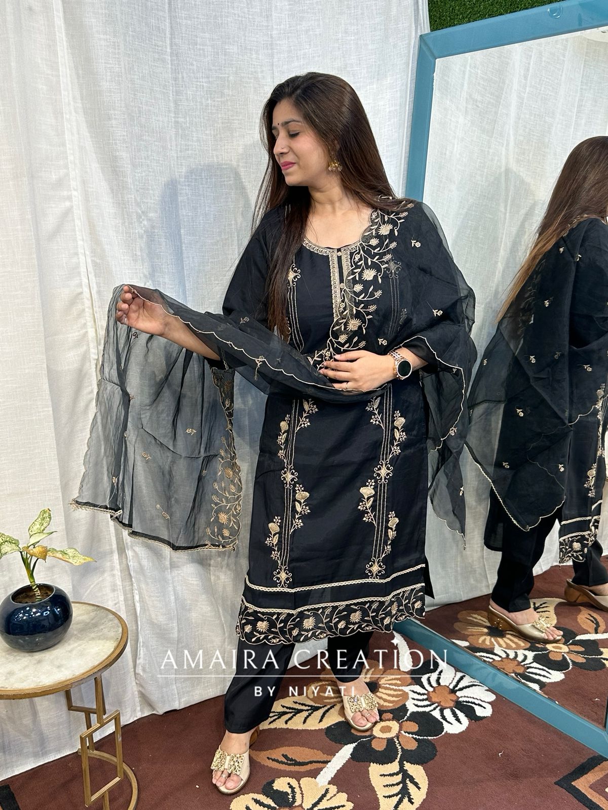 Cotton Silk Suit With Golden Thread Embroidery