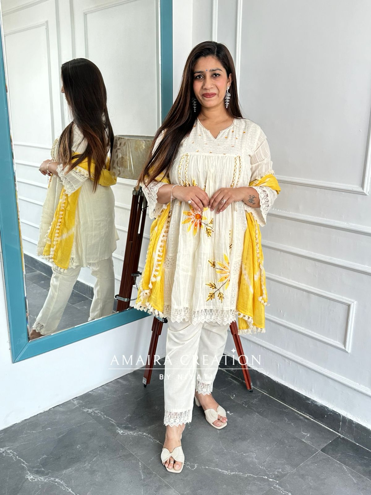 Ivory Mustard A-Line Handwork Pakistani Suit