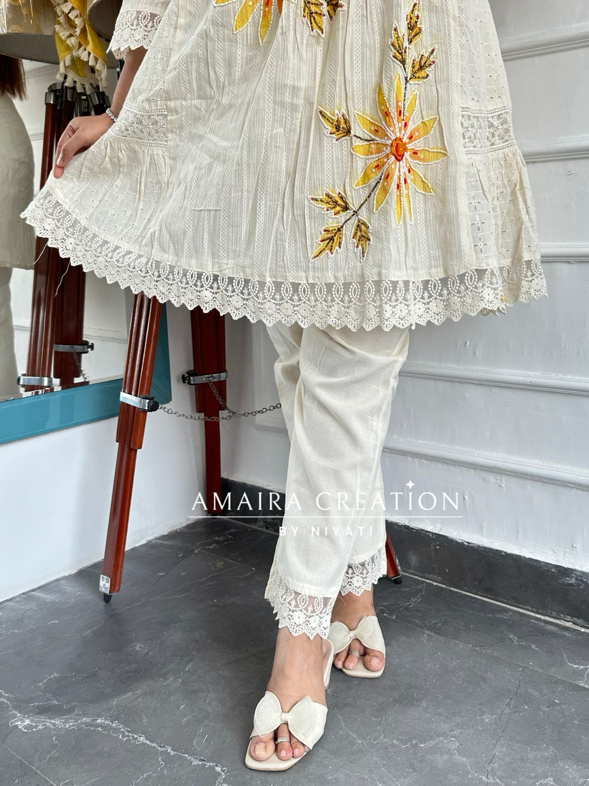 Ivory Mustard A-Line Handwork Pakistani Suit