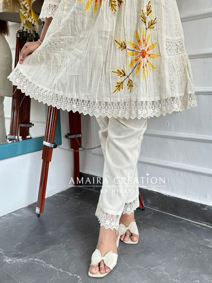Ivory Mustard A-Line Handwork Pakistani Suit