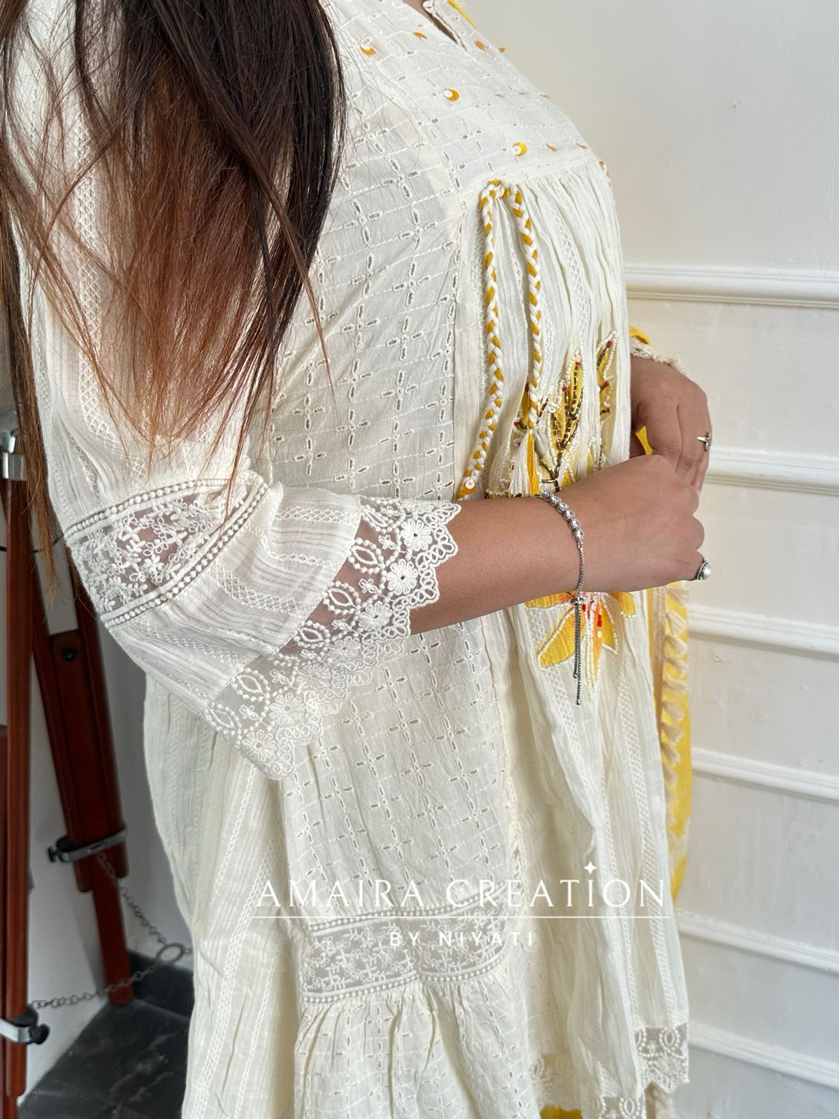 Ivory Mustard A-Line Handwork Pakistani Suit