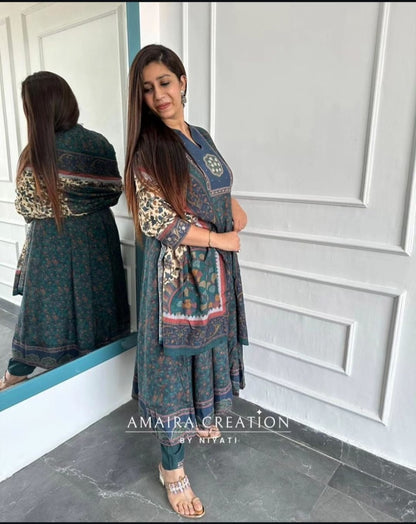 Printed Anarkali with kalamkari Dupatta