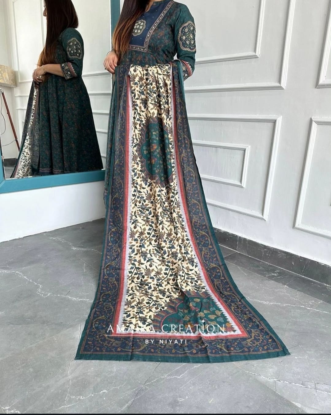 Printed Anarkali with kalamkari Dupatta