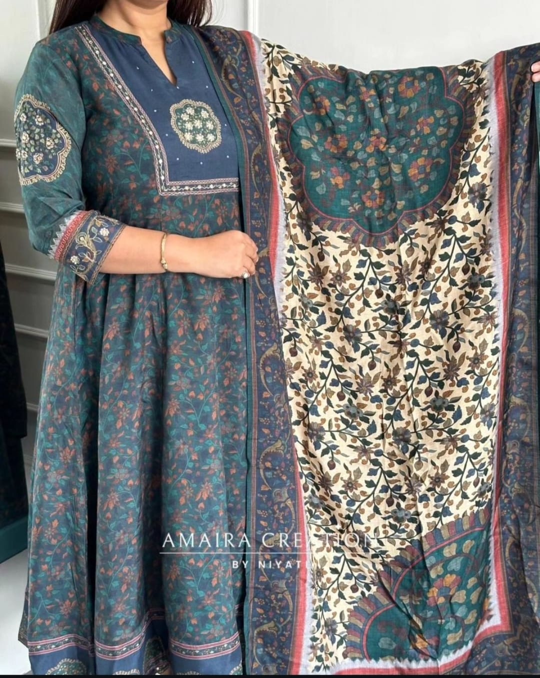 Printed Anarkali with kalamkari Dupatta