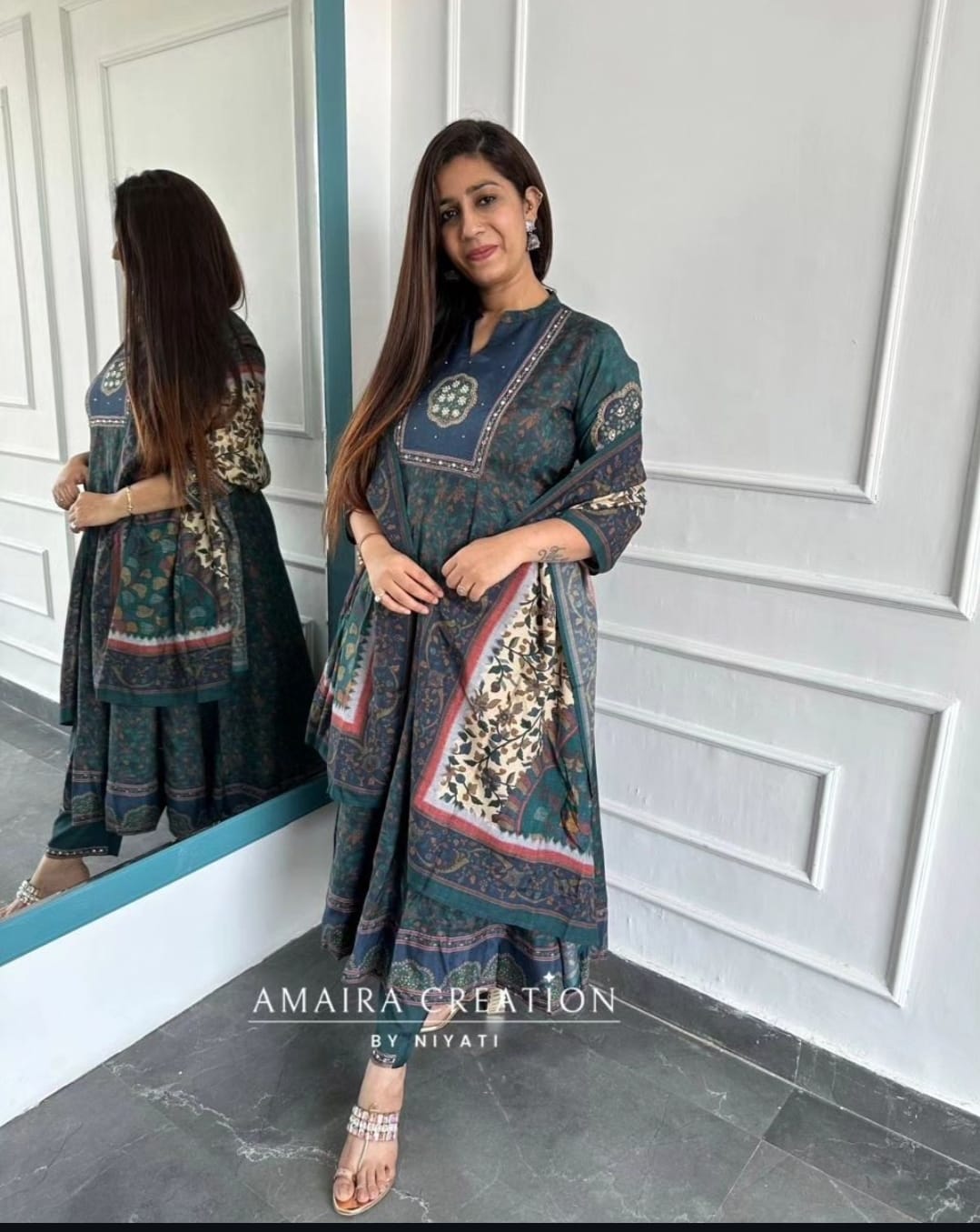 Printed Anarkali with kalamkari Dupatta