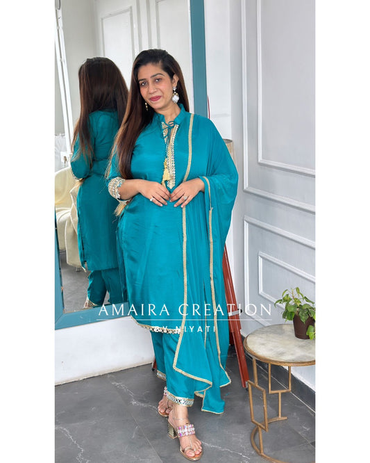 Rama Green Dola Silk Fabric Pant Suit