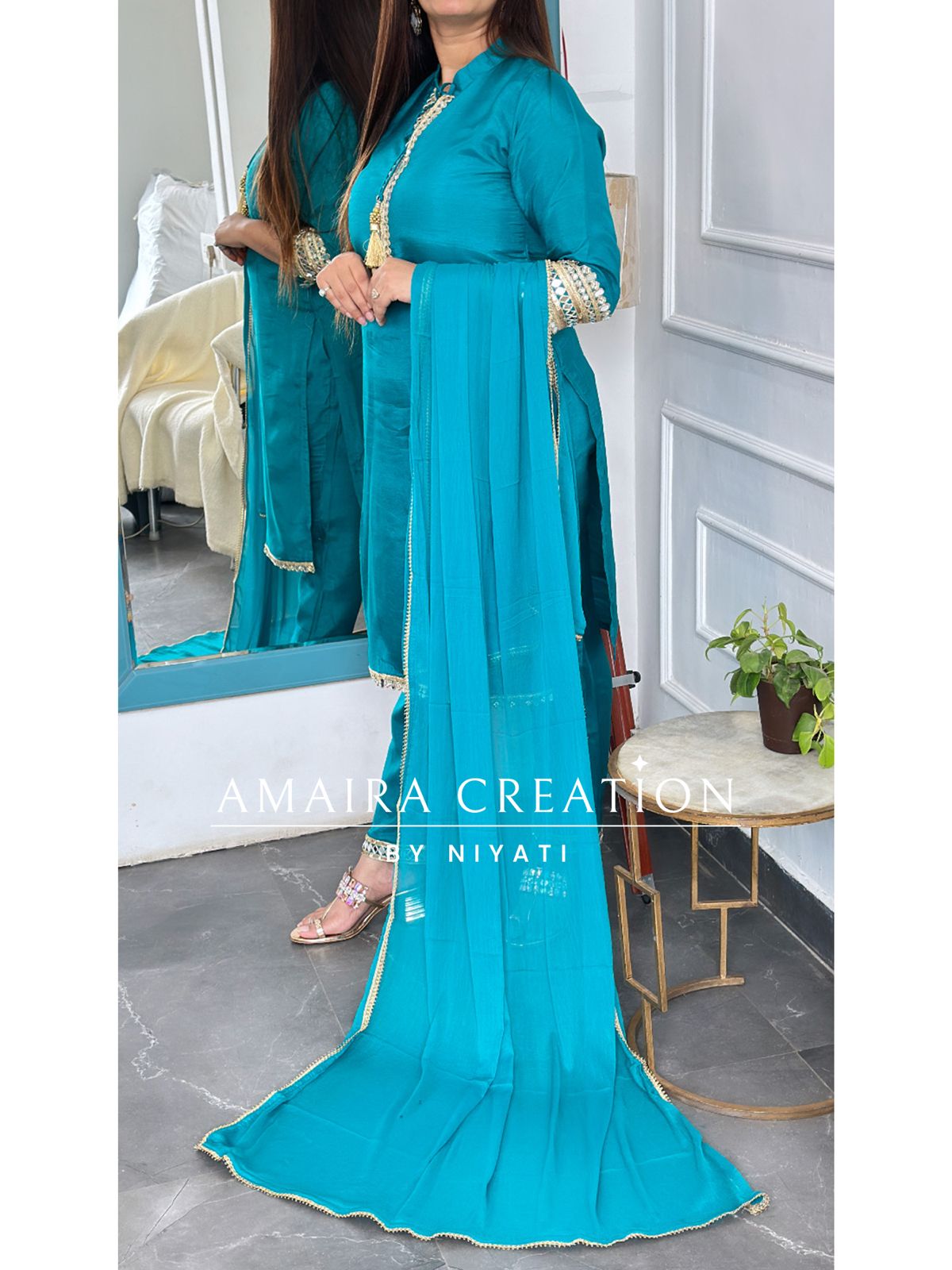 Rama Green Dola Silk Fabric Pant Suit