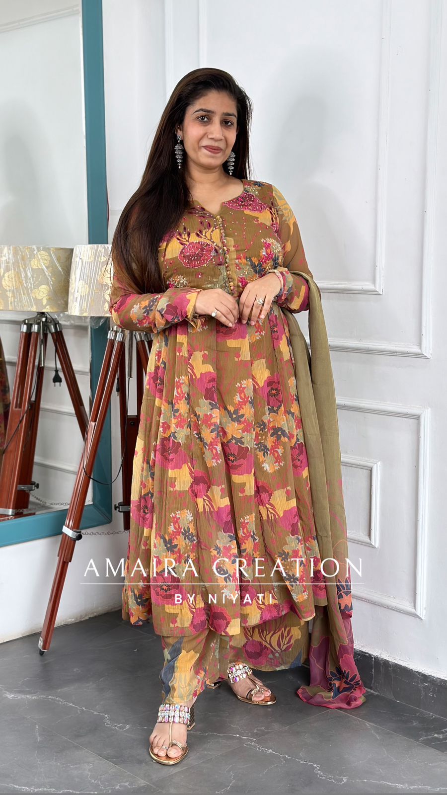 Mehndi Green Chiffon Anarkali Set