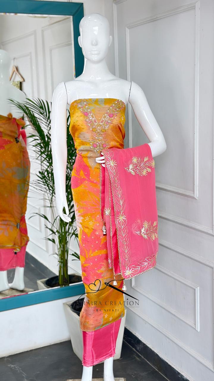 Organza Floral Printed Mustard Yellow Unstitch Suit with Cutdana, Dori & Thread work