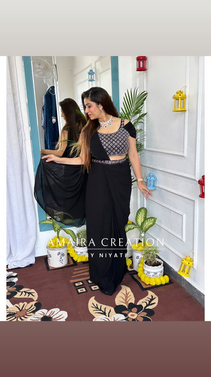 Black Color Georgette Draping Saree Set