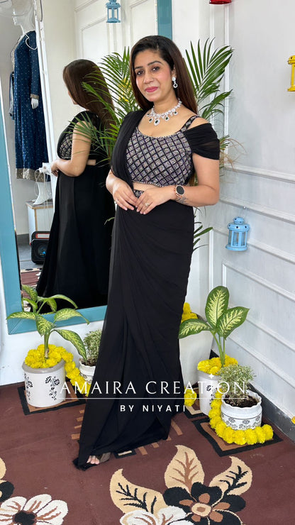 Black Color Georgette Draping Saree Set