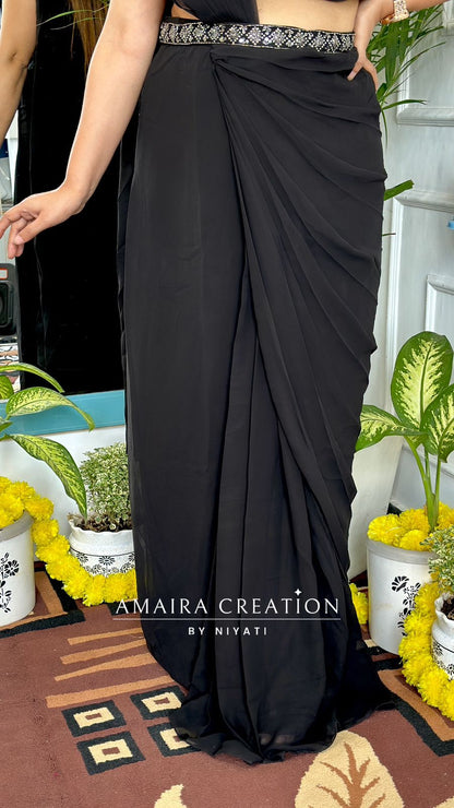 Black Color Georgette Draping Saree Set