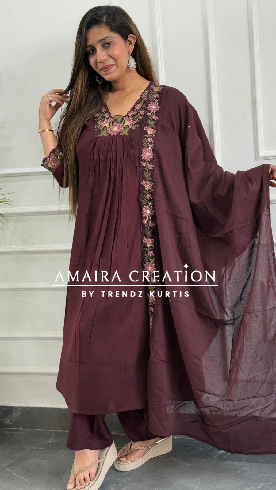 Premium Cotton A line pant set with Floral Embroidery Detailing