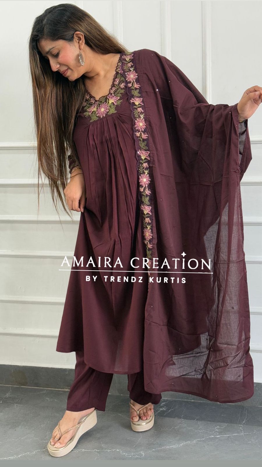 Premium Cotton A line pant set with Floral Embroidery Detailing