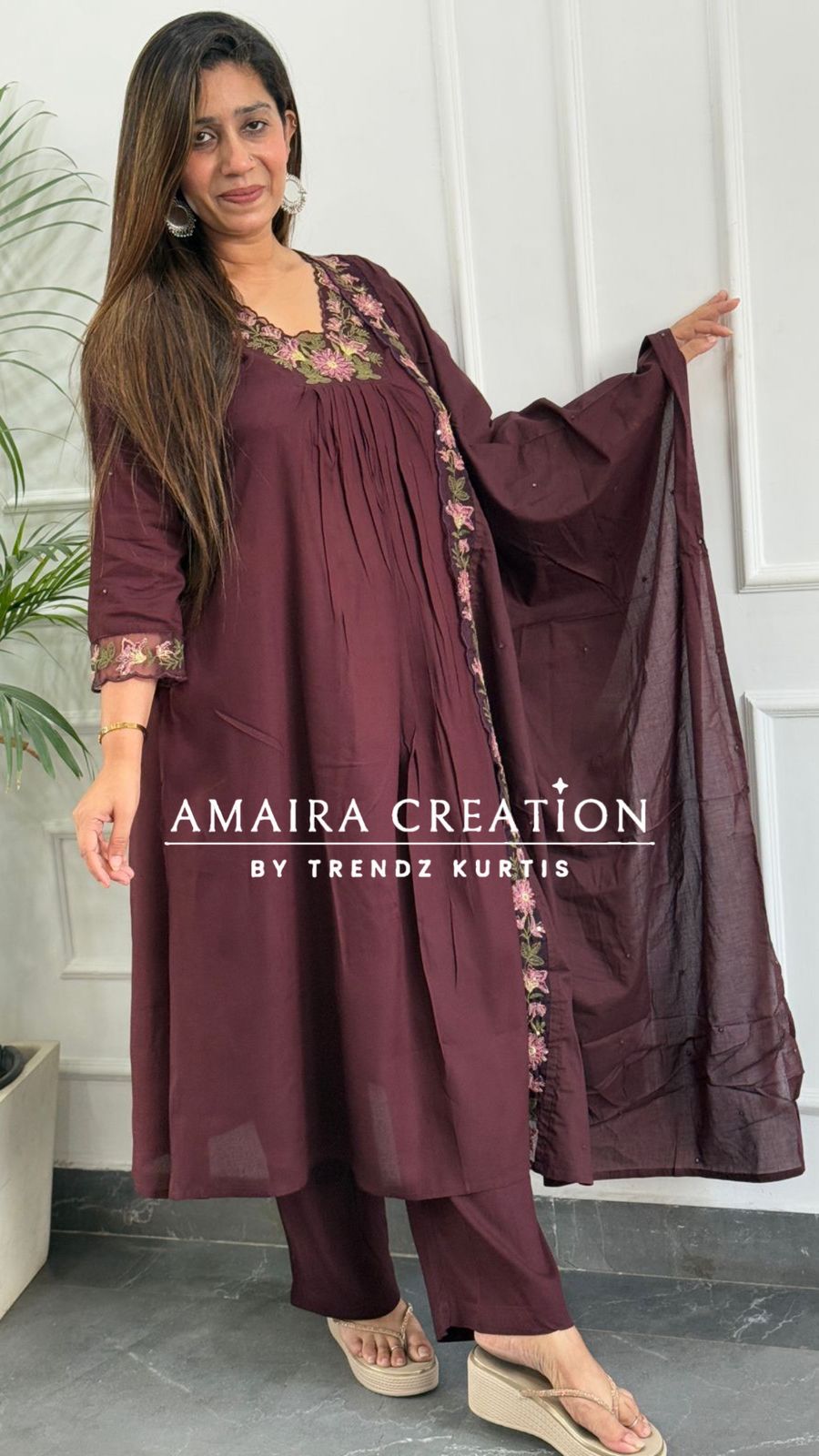 Premium Cotton A line pant set with Floral Embroidery Detailing