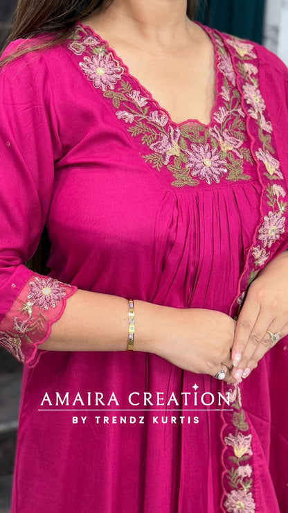 Premium Cotton A line pant set with Floral Embroidery Detailing