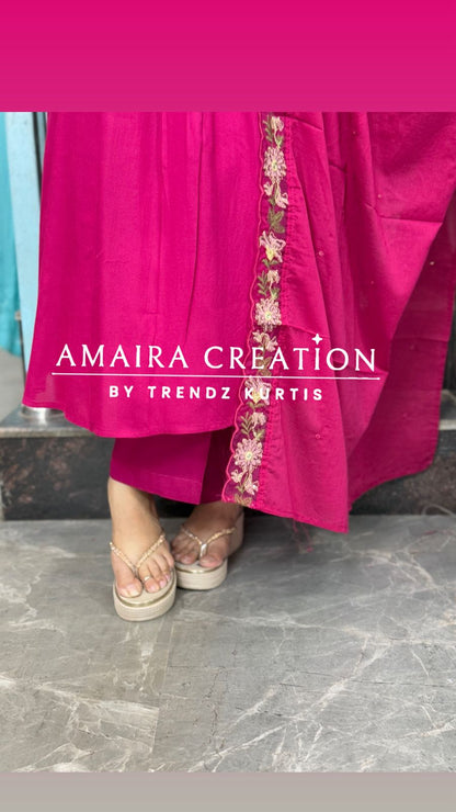 Premium Cotton A line pant set with Floral Embroidery Detailing