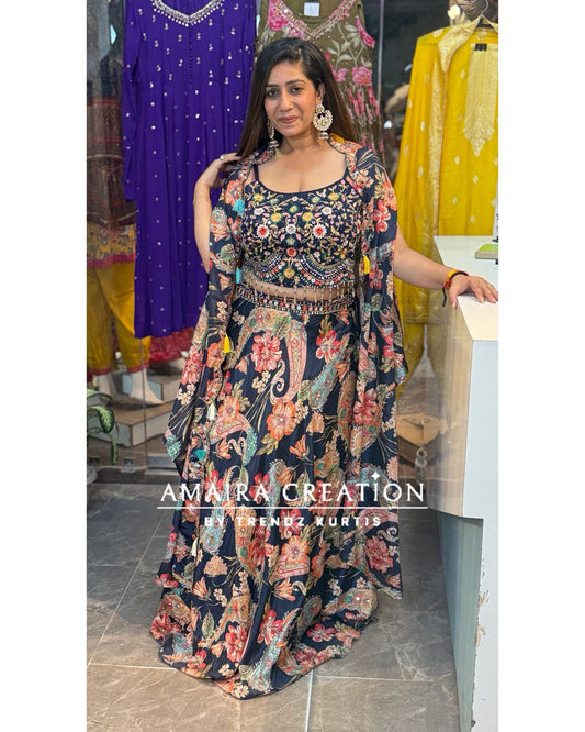 Multi blue skirt set With Shrug
