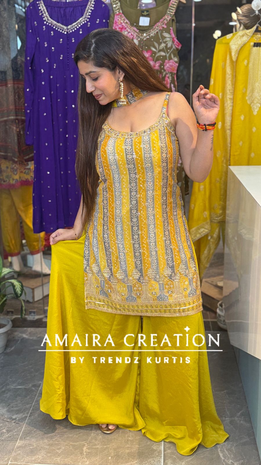 Mustard Chinon Sharara Set(16 Inches Sleeves Available)