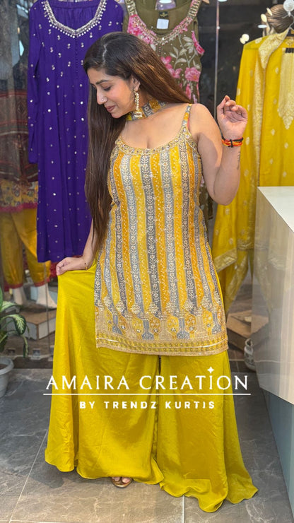 Mustard Chinon Sharara Set(16 Inches Sleeves Available)