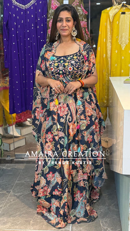 Multi blue skirt set With Shrug