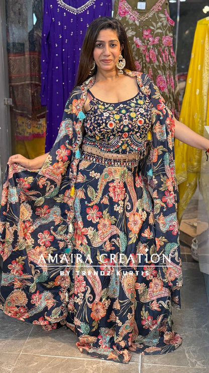 Multi blue skirt set With Shrug