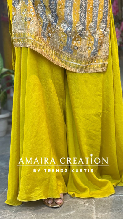 Mustard Chinon Sharara Set(16 Inches Sleeves Available)