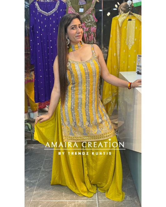 Mustard Chinon Sharara Set(16 Inches Sleeves Available)