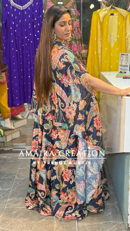 Multi blue skirt set With Shrug