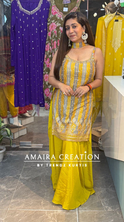 Mustard Chinon Sharara Set(16 Inches Sleeves Available)