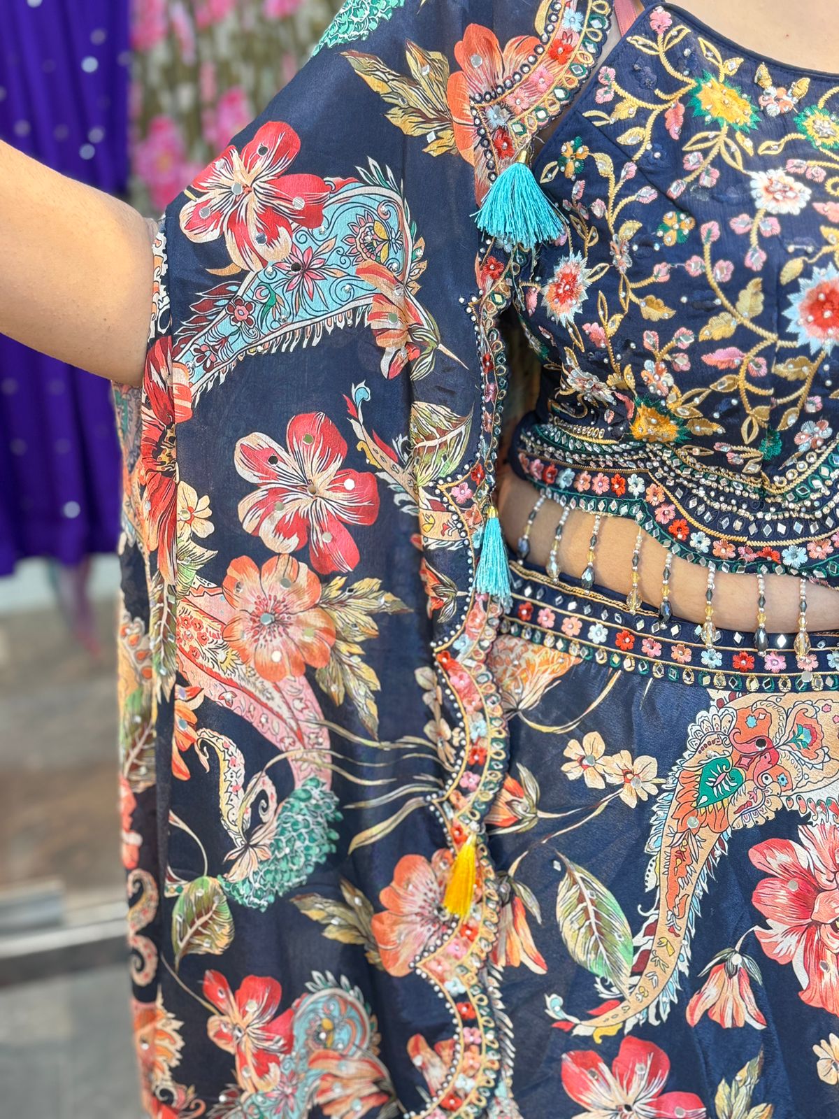 Multi blue skirt set With Shrug
