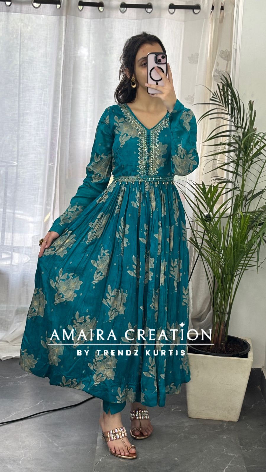 Premium Chinon Rama green Anarkali set