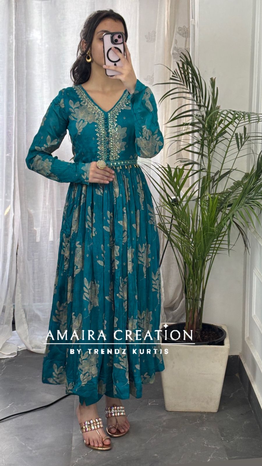 Premium Chinon Rama green Anarkali set