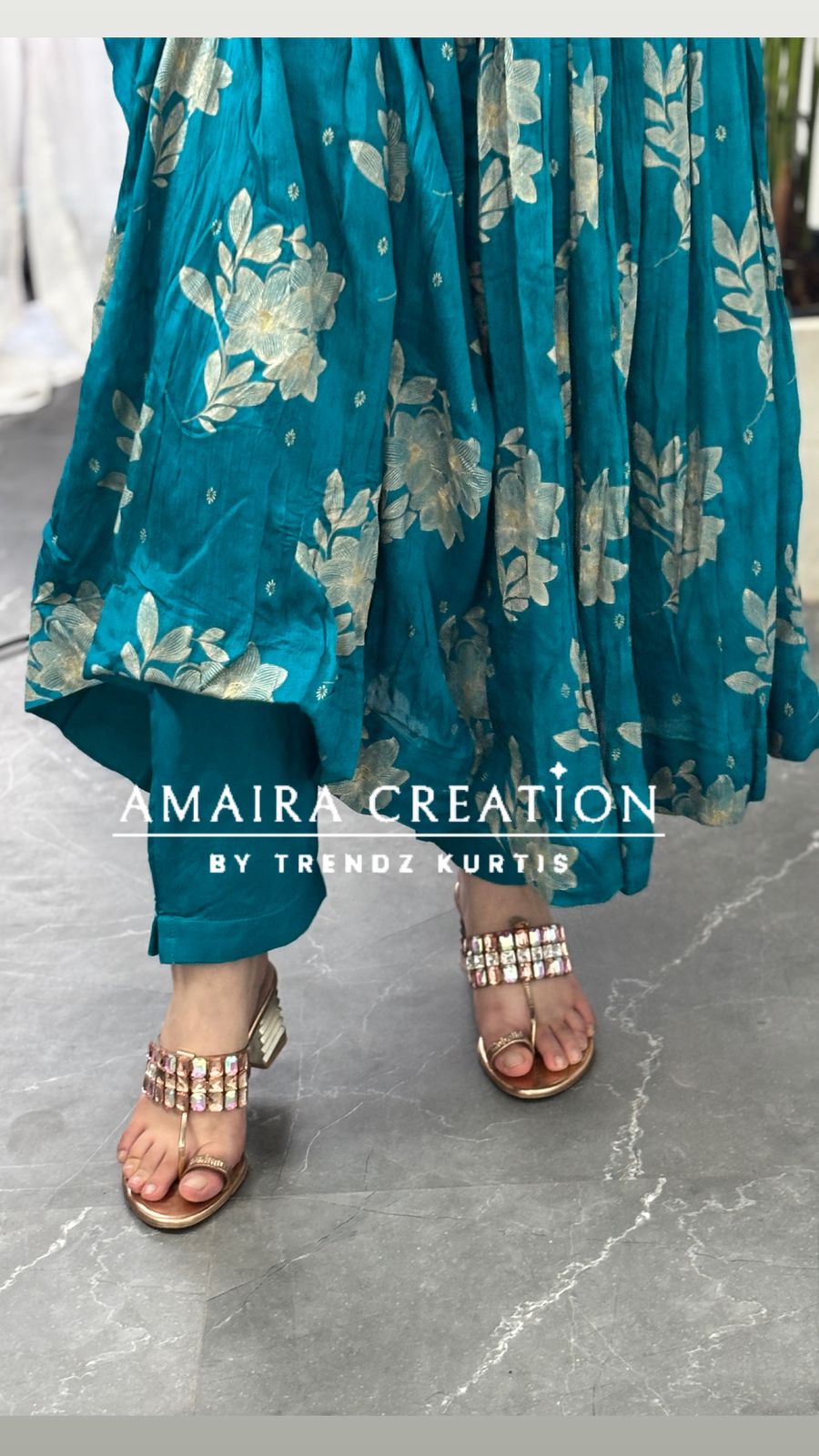 Premium Chinon Rama green Anarkali set