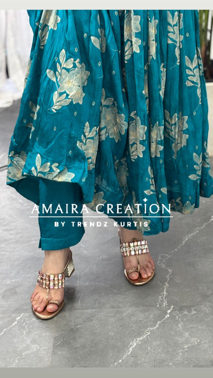 Premium Chinon Rama green Anarkali set