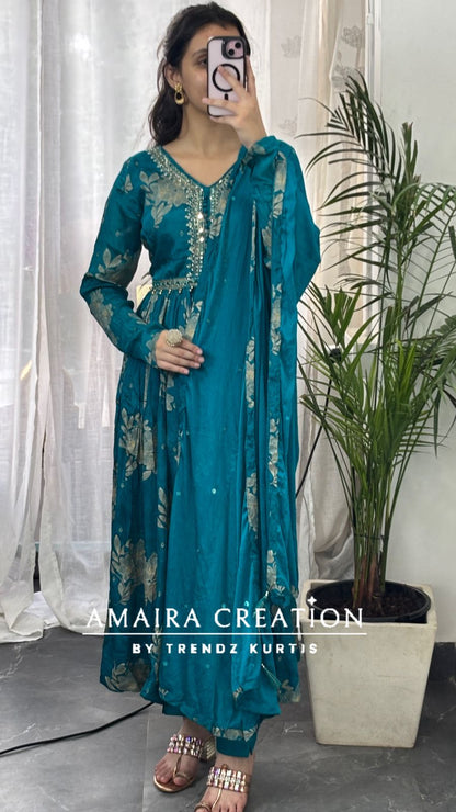 Premium Chinon Rama green Anarkali set