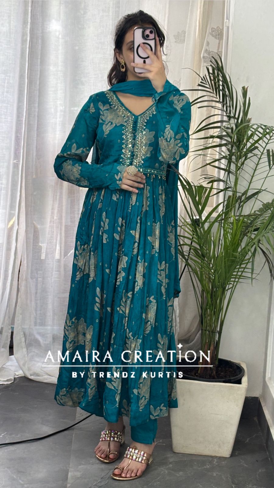 Premium Chinon Rama green Anarkali set