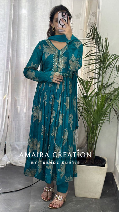 Premium Chinon Rama green Anarkali set