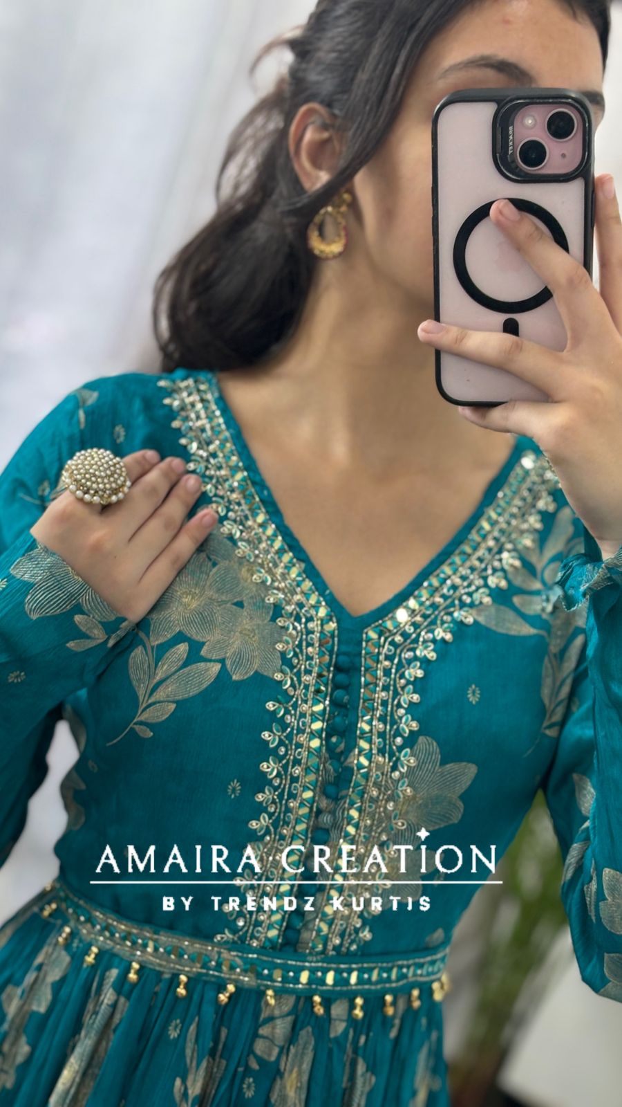 Premium Chinon Rama green Anarkali set