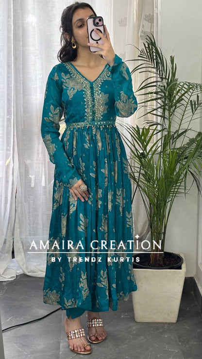 Premium Chinon Rama green Anarkali set