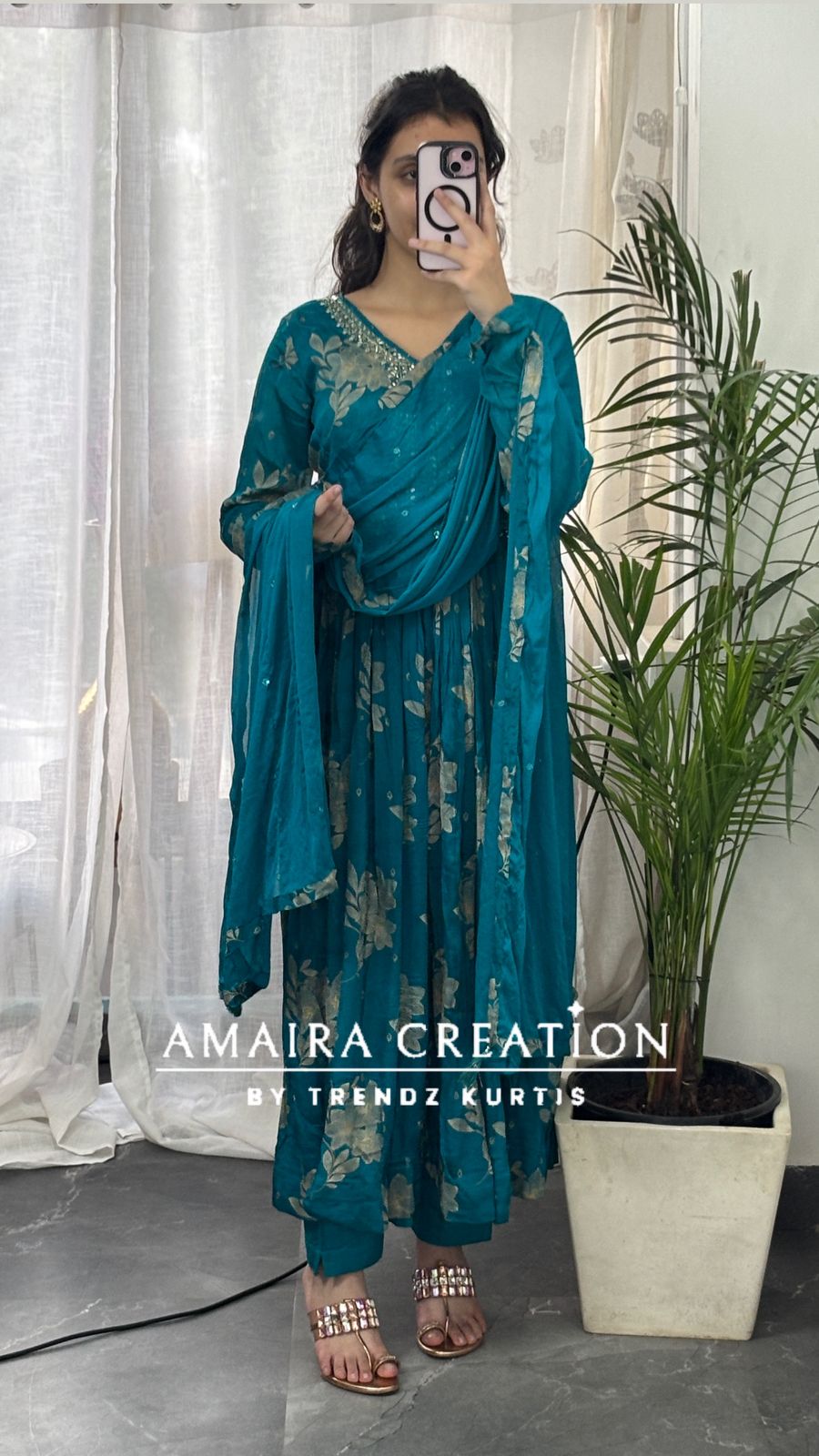 Premium Chinon Rama green Anarkali set