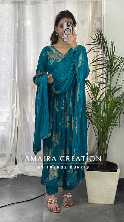 Premium Chinon Rama green Anarkali set