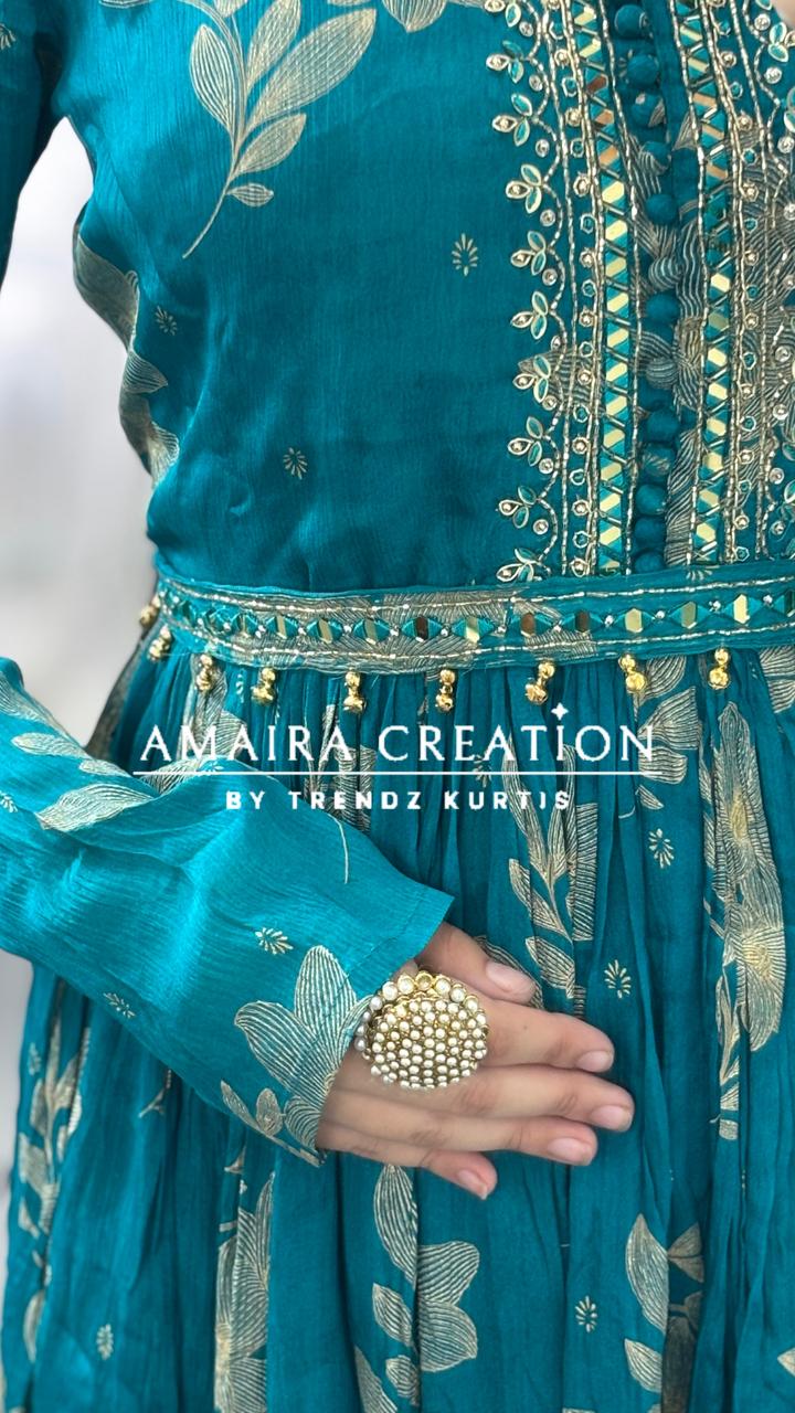 Premium Chinon Rama green Anarkali set