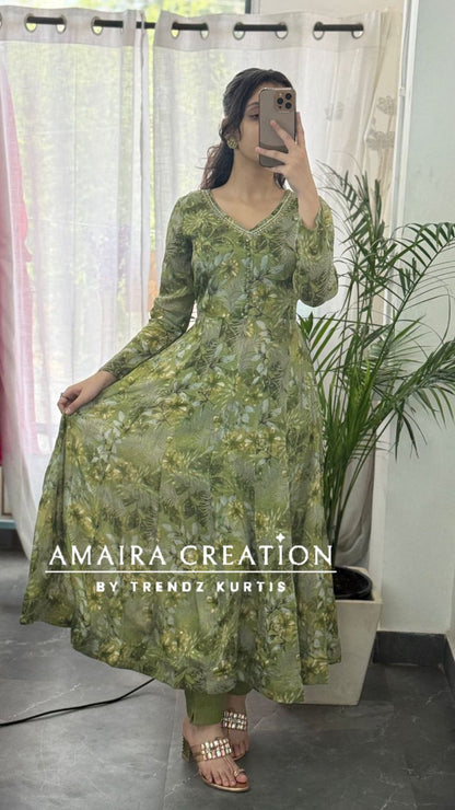 Premium Chinnon Fabric Printed Anarkali Set