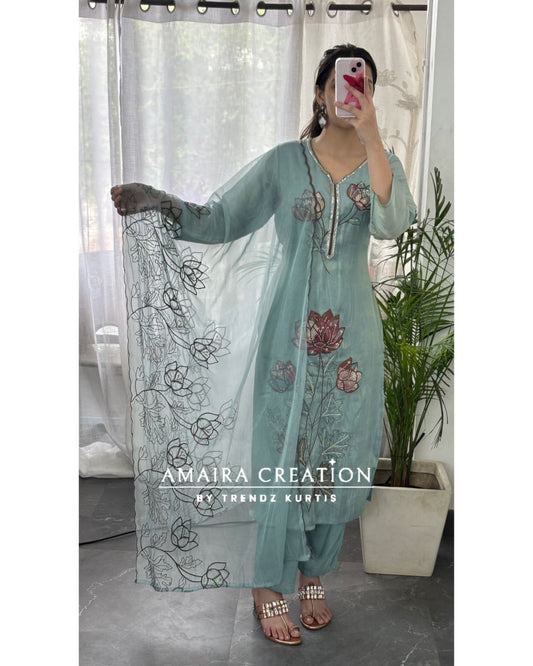 Premium Glass Tissue Patch Work Sky Blue Color Pant Set