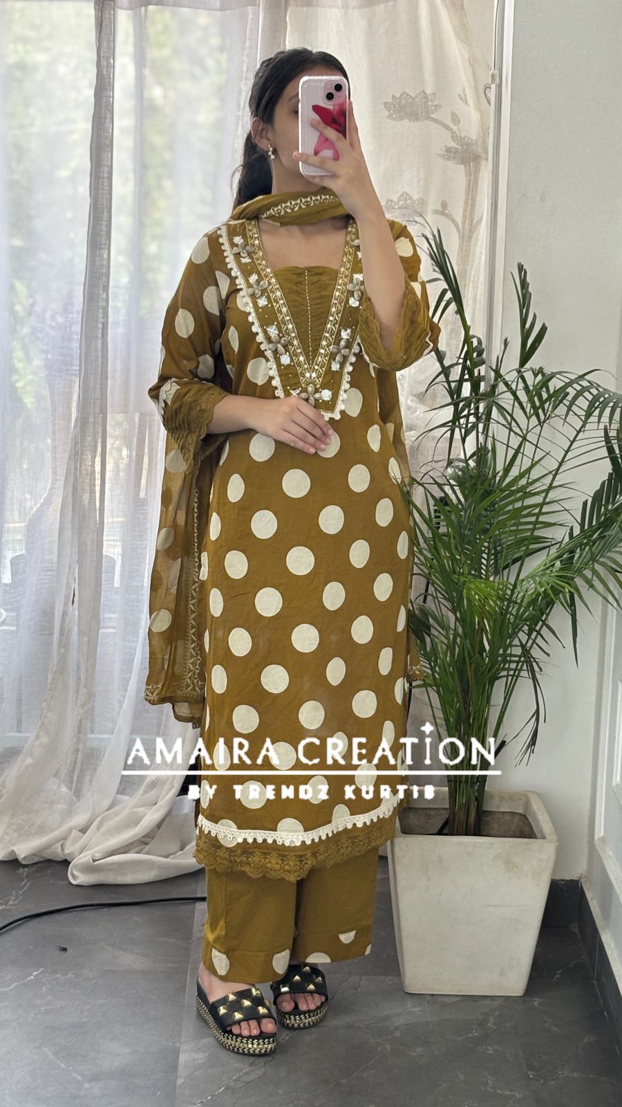 Premium Cotton Mustard Color Polka Dot A line Set